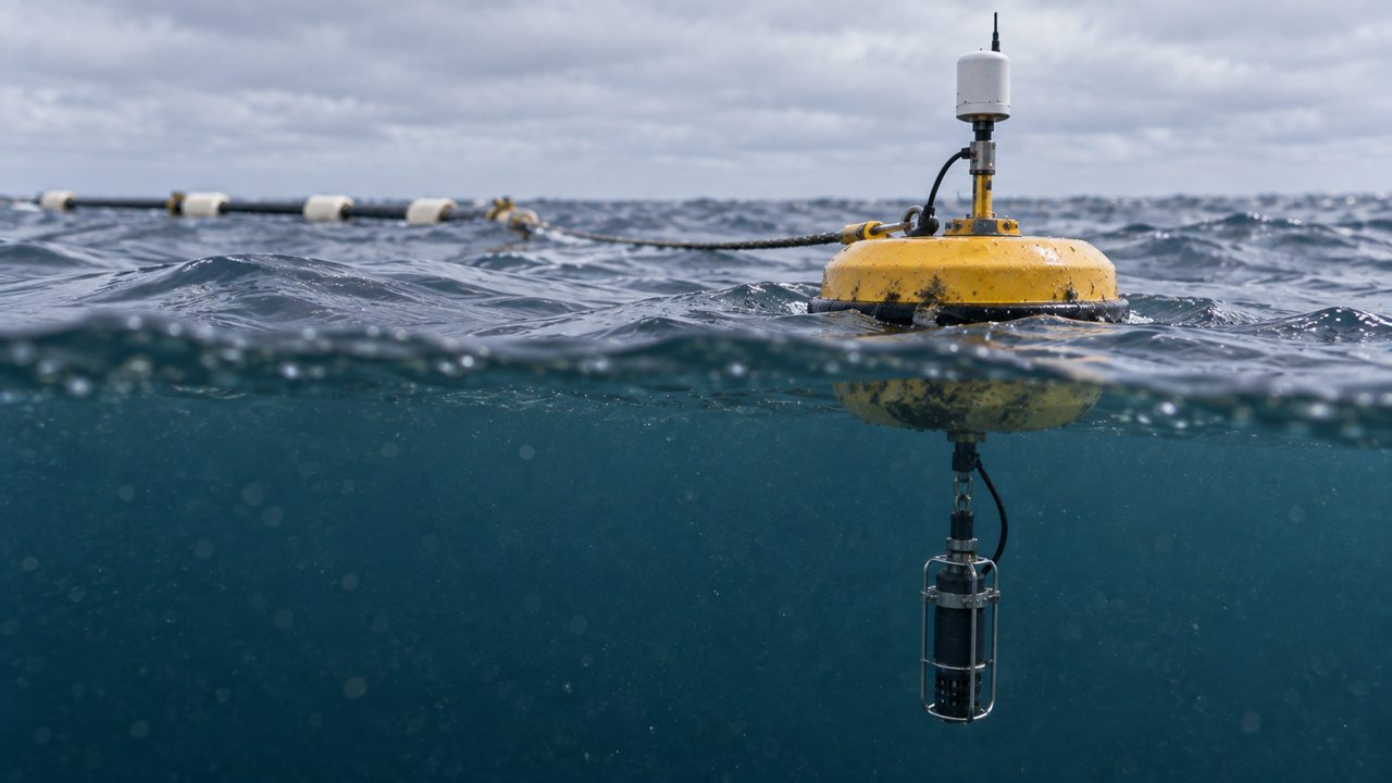 Split-level concept view of a yellow buoy and its attached submerged sensor probe.
