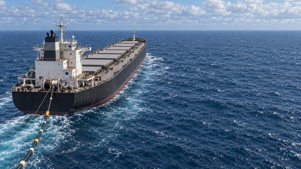 Stern of the concept merchant vessel, showing deck equipment and the floating hose connection trailing behind the ship.